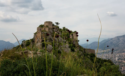 Scenic view of cliff by sea against sky