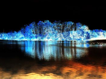 Illuminated trees by lake against sky at night