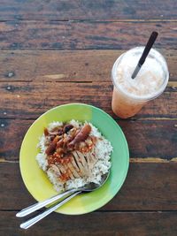 High angle view of breakfast served on table