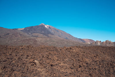 Scenic view of desert against clear blue sky