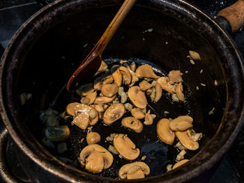 High angle view of meat in bowl