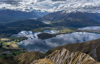 Scenic view of lake and mountains against sky