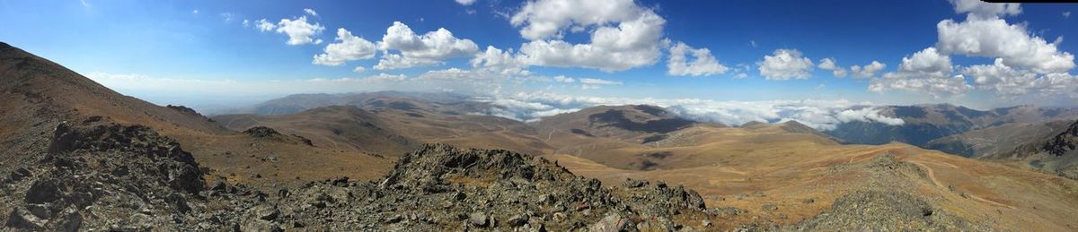 Scenic view of mountains against cloudy sky