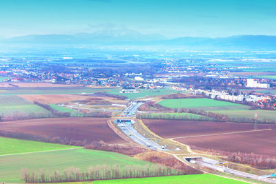 High angle view of agricultural field against sky