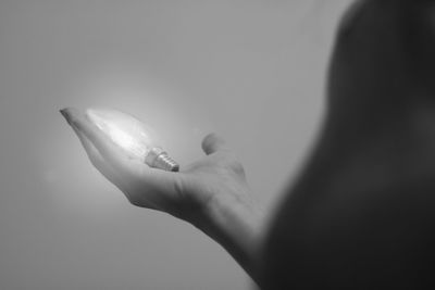 Close-up of hand holding crab over white background