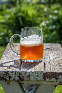 Close-up of beer in glass on table