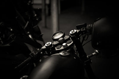 Close-up of motorcycle at night