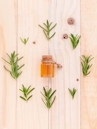 Directly above shot of rosemary with essential oil on table