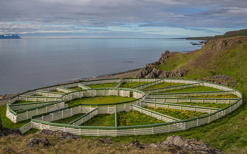 Wheel-shaped corrals on the icelandic coast between illugastadhir and the skardstviti lighthouse