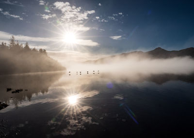 Silhouette people on lake against sky