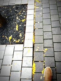 Low section of person on yellow cobblestone