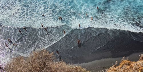 High angle view of people on rock by sea