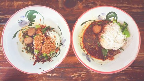 High angle view of food served in plate on table