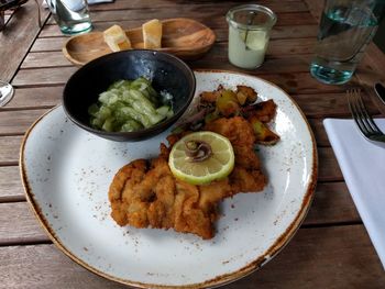 High angle view of food served on table