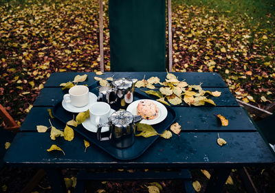 High angle view of autumn leaves by breakfast in tray on table