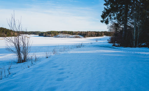 Snow covered landscape against sky