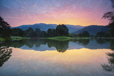 Scenic view of lake against sky during sunset