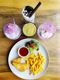 High angle view of food served on table