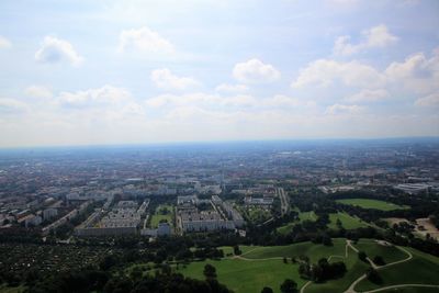 High angle view of buildings against sky