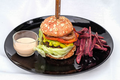 High angle view of food in plate