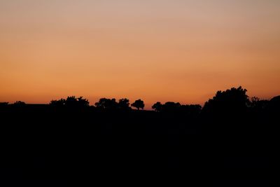 Silhouette trees on landscape against orange sky