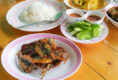 High angle view of meal served on table