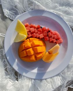 High angle view of breakfast in plate on table