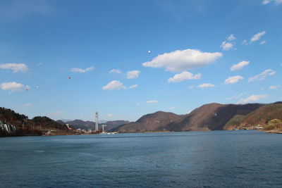 Autumn scenery of nami island in sunny day with skyline zip-wire, south korea