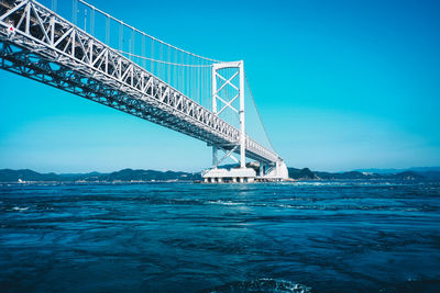 Low angle view of bridge over sea against clear blue sky