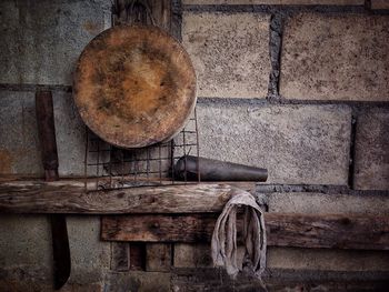 Close-up of objects in barn