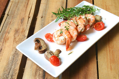 High angle view of food served on table