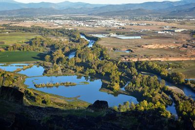 High angle view of landscape and mountains against sky