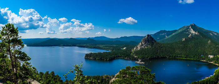 Panoramic view of lake and mountains against blue sky