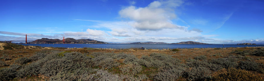 Panoramic view of beach against blue sky