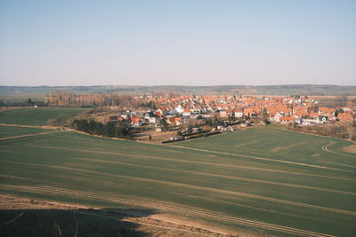 High angle view of cityscape against clear sky