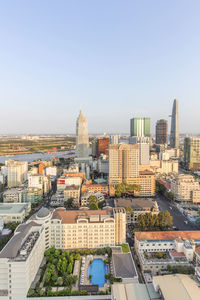 High angle view of cityscape against clear sky