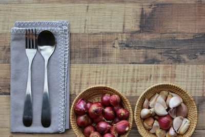 Directly above shot of eggs in basket on table