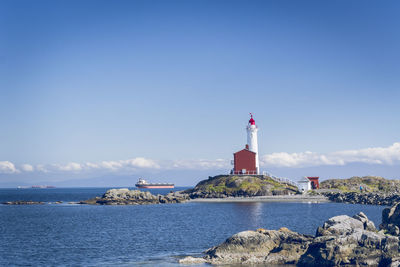 Lighthouse by sea against clear blue sky