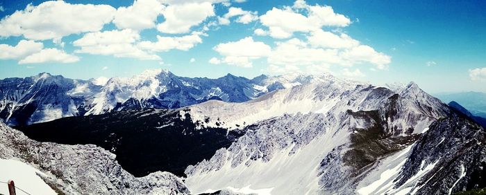 Scenic view of mountains against cloudy sky