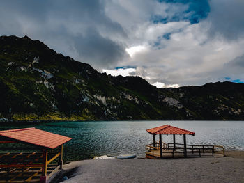 Gazebo on the beach against the sky. view of the lake, quilotoa lake 2018, ecuador in south america.