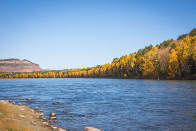 Scenic view of lake against clear sky during autumn