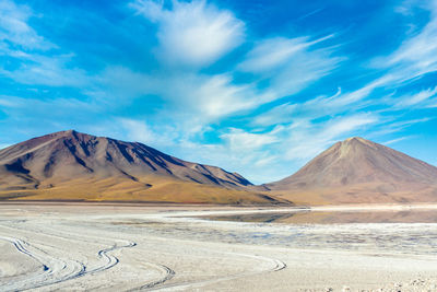 Scenic view of snowcapped mountains against blue sky