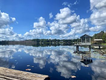 Panoramic view of lake and houses against sky