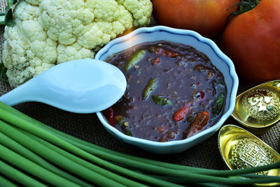 High angle view of fruits in bowl on table