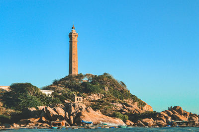 Lighthouse by sea against clear sky