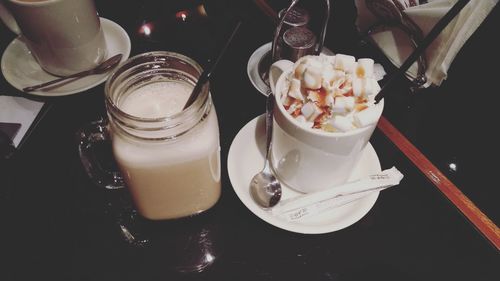 High angle view of drinks on table