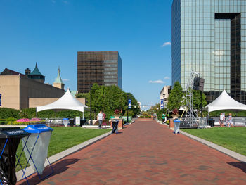 City buildings against clear blue sky