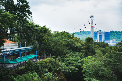 Low angle view of trees and buildings against sky