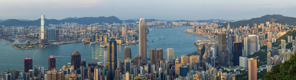 Victoria harbor view from the peak at sunset, hong kong