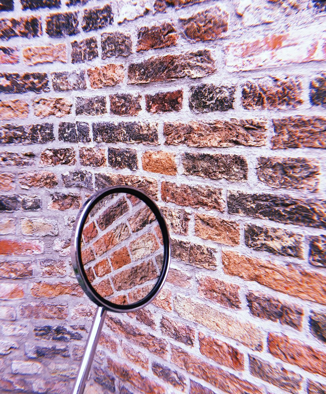 brick, brick wall, wall, day, no people, wall - building feature, close-up, backgrounds, circle, geometric shape, textured, architecture, pattern, full frame, magnifying glass, metal, built structure, outdoors, glass - material, shape, textured effect